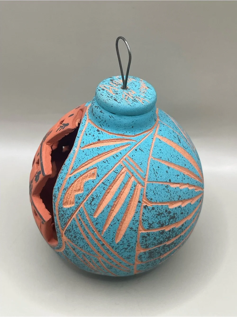 VTG Signed Pueblo Mexican Terracotta Clay Village 3” Ornament Turquoise Color